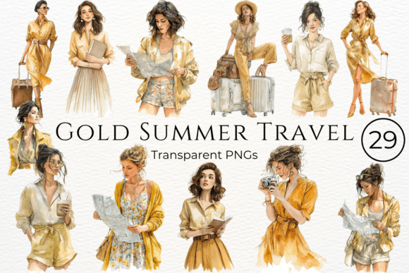 Download Gold Summer Travel Watercolor Clipart - Travel Collection