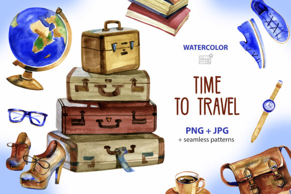 Download Time to Travel - Watercolor Cliparts - Travel Collection